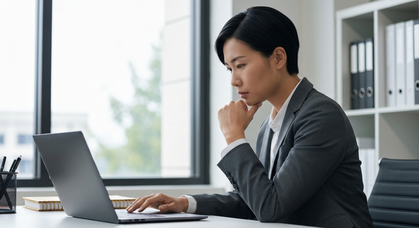 반복 업무에서 벗어나 전략적 사고에 집중하는 비즈니스 전문가의 모습과 업무를 돕는 AI 인터페이스