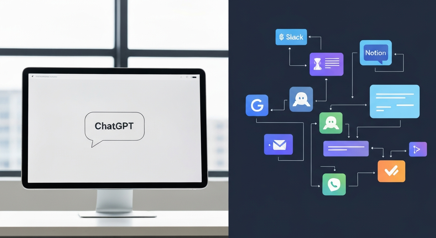 챗GPT의 단순한 텍스트 응답과 AI 에이전트의 복잡하고 자율적인 업무 실행 능력을 비교하는 이미지