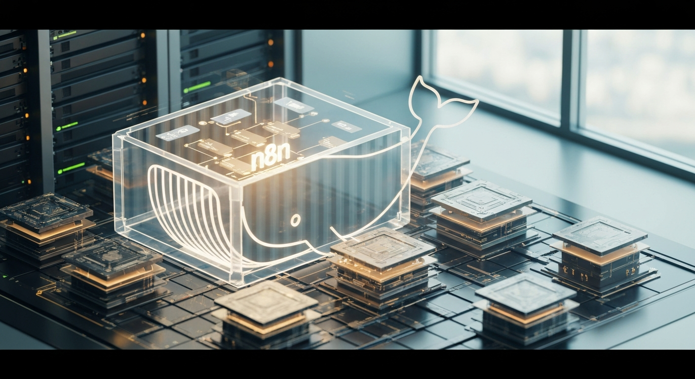 Docker 고래 아이콘 안에 n8n 인터페이스가 빛나고 있으며, 안정적이고 격리된 실행 환경을 상징하는 디지털 레이어가 주변에 있는 모습. 현대적인 서버룸 배경의 고품질 실사 스타일 이미지.