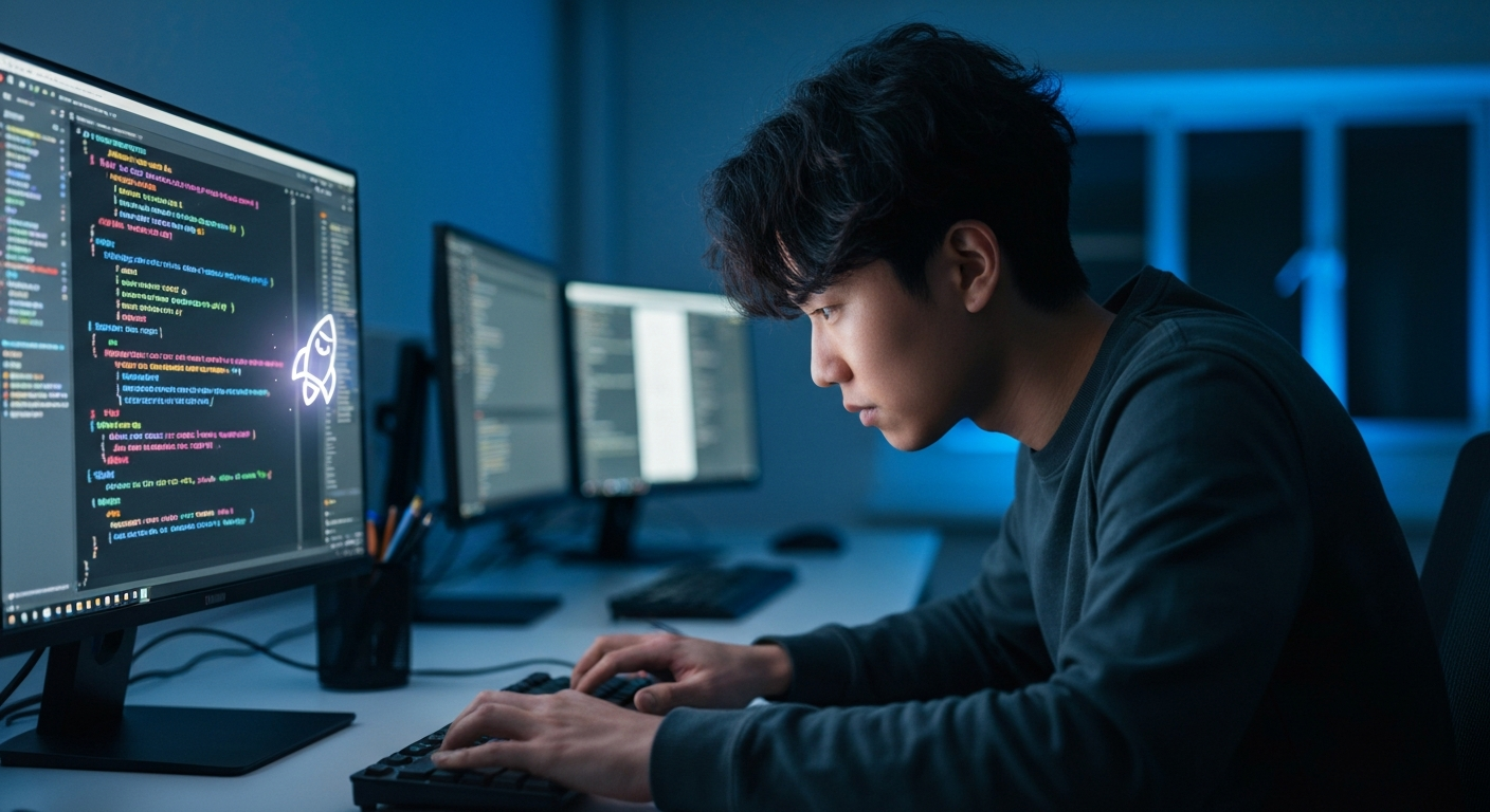 AI 보조 도구 GitHub Copilot의 도움을 받아 코드를 작성하는 개발자의 모습