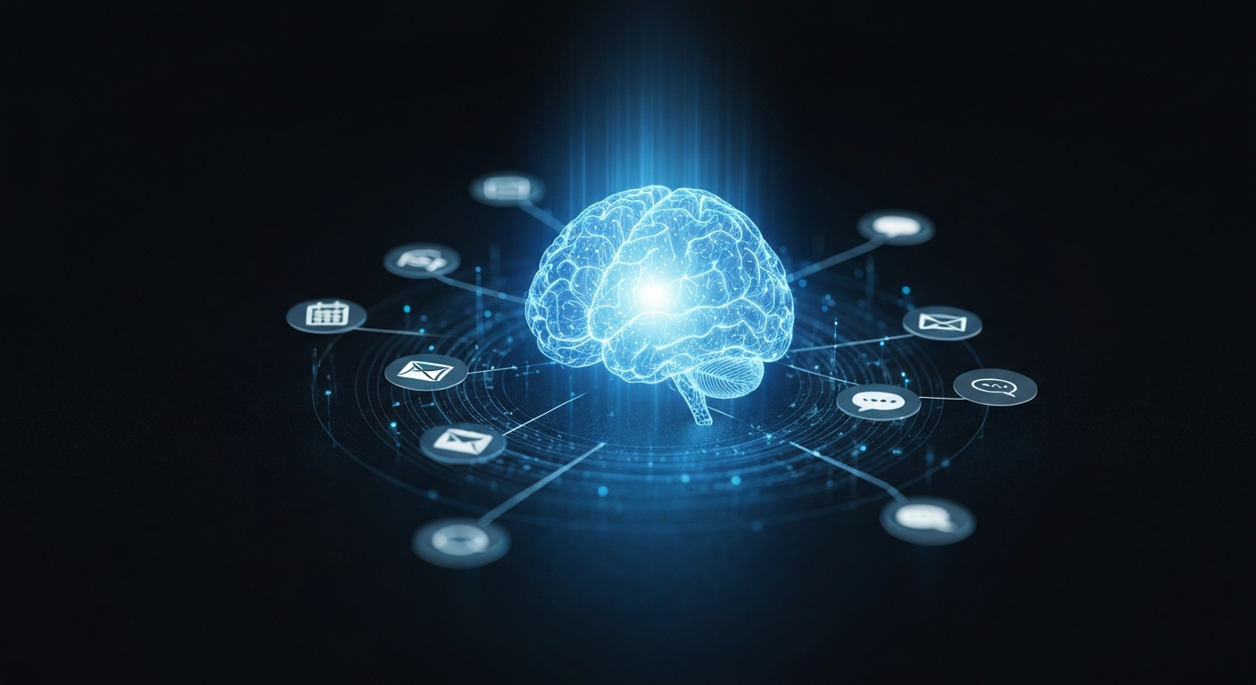 스스로 생각하고 도구를 사용하는 AI 에이전트를 상징하는 빛나는 두뇌와 연결된 디지털 도구 아이콘