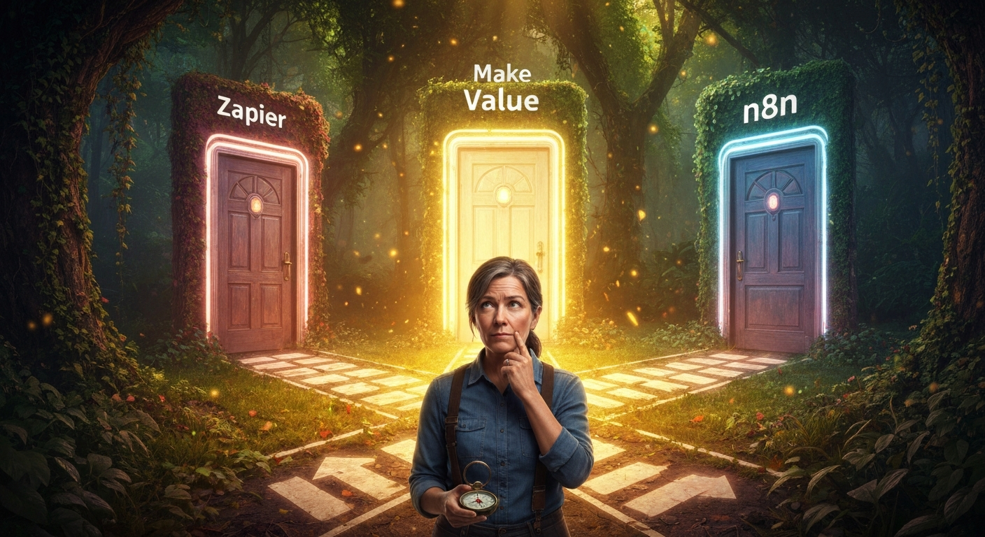 사용자의 필요에 따라 Zapier, Make, n8n 중 최적의 자동화 툴을 선택할 수 있도록 안내하는 갈림길의 시각적 비유.