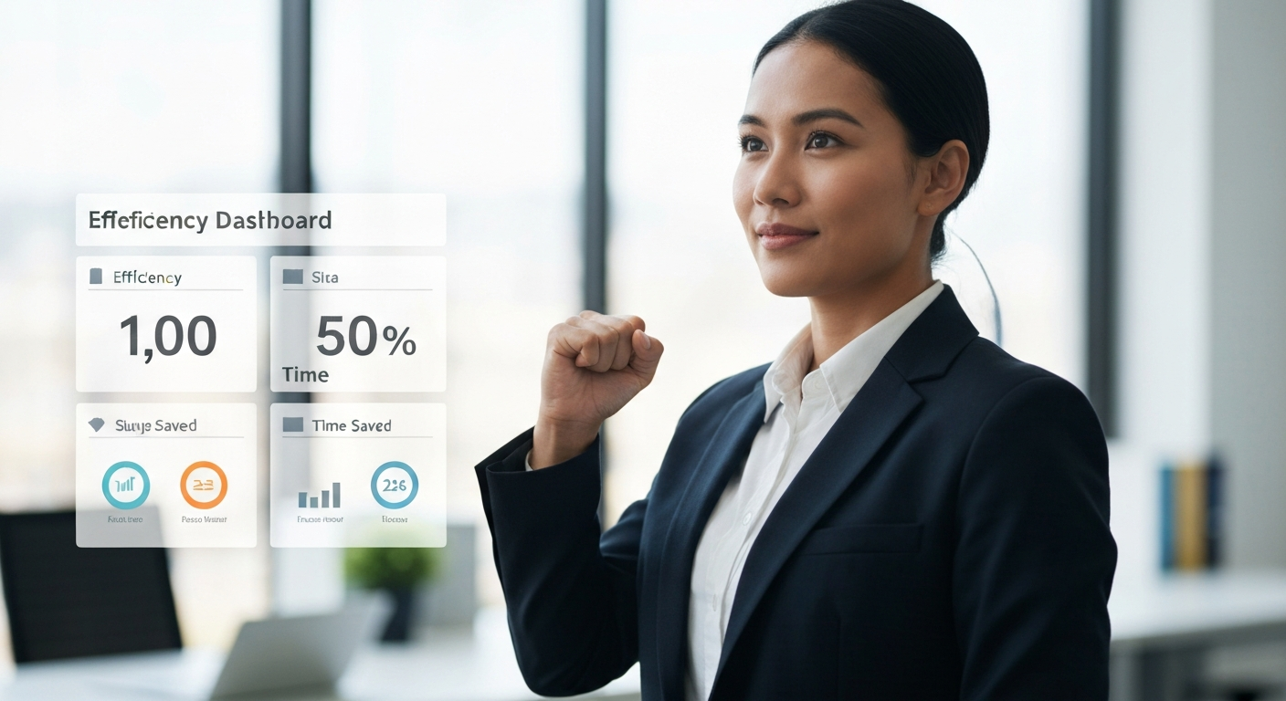 자동화로 업무 효율을 높이고 미래를 향해 나아가는 듯한 자신감 넘치는 전문가의 모습.