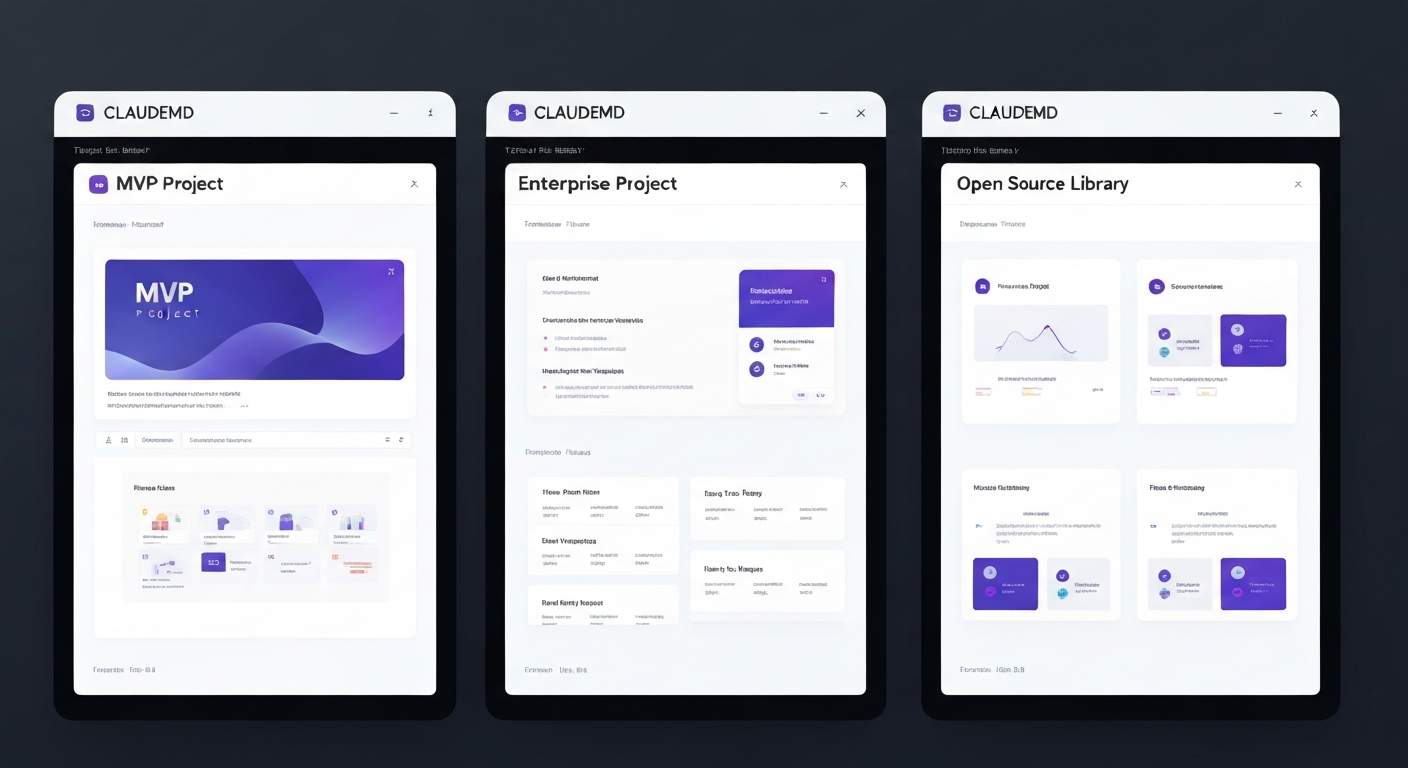 MVP 엔터프라이즈 오픈소스 라이브러리 등 세 가지 CLAUDE.md 예시 템플릿이 화면에 나란히 보이는 모습