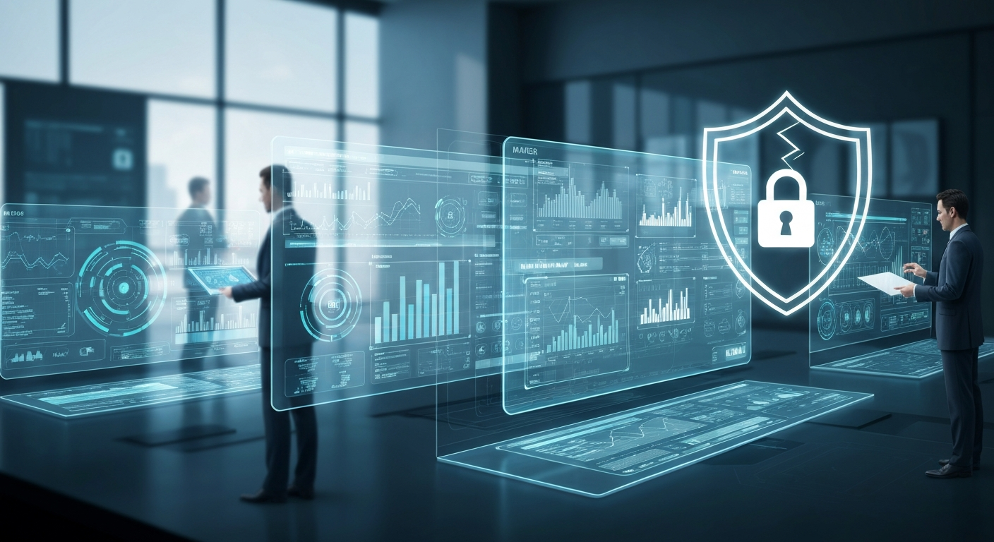 2026년 AI 에이전트의 미래 기술 동향과 기업 도입 현황, 그리고 잠재적 보안 리스크를 담은 미래 지향적인 이미지