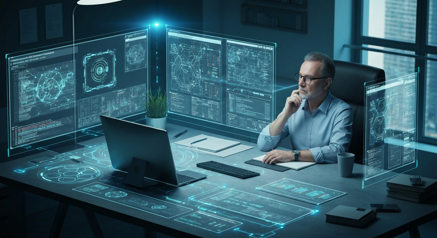 미래형 개발자 작업 공간에서 AI와 협업하며 개발자가 AI를 지휘하는 모습