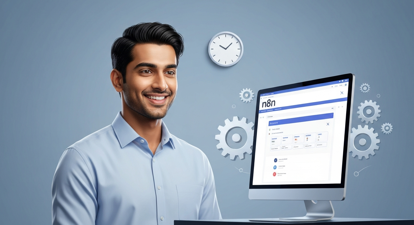 모니터에서 n8n 인터페이스가 원활하게 작동하는 모습을 보며 자신감 있게 미소 짓는 사람. 주변의 시계와 부드럽게 돌아가는 기어는 효율성과 시간 절약을 상징. 자동화를 통한 성취감과 역량을 보여주는 고품질 실사 스타일 이미지.
