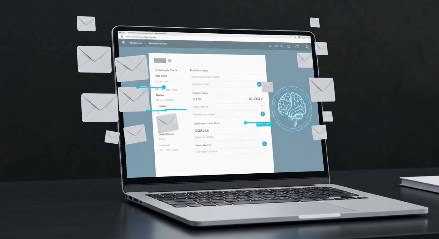 노트북 화면에서 동적으로 채워지는 이메일 템플릿과 AI가 적용된 자동 발송 과정을 보여주는 모습.