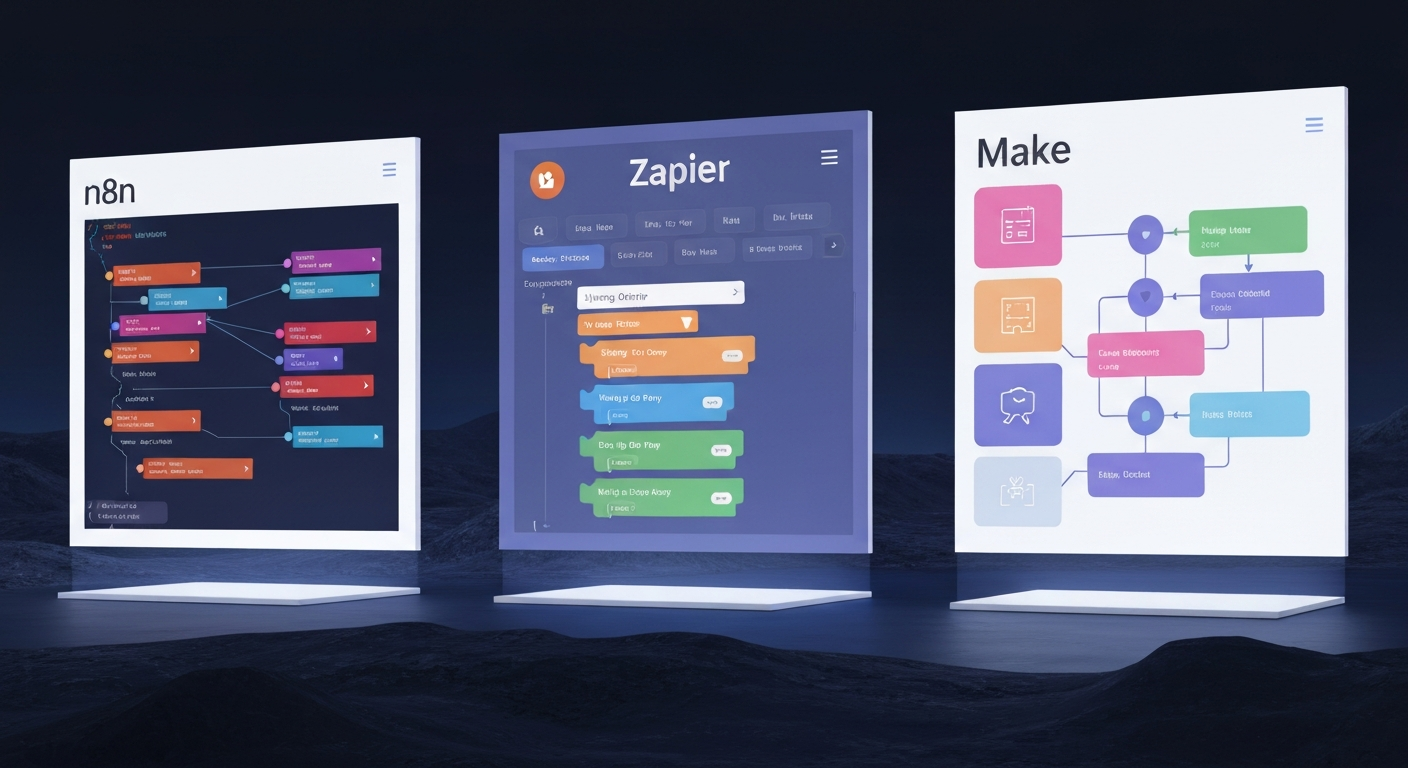 n8n, Zapier, Make를 상징하는 세 가지 다른 자동화 툴의 디지털 인터페이스가 나란히 비교되는 모습