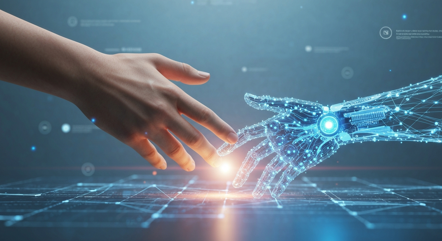 인간의 손과 AI의 손이 디지털 인터페이스 위에서 악수하며 CLAUDE.md를 통한 진정한 협업을 상징하는 모습