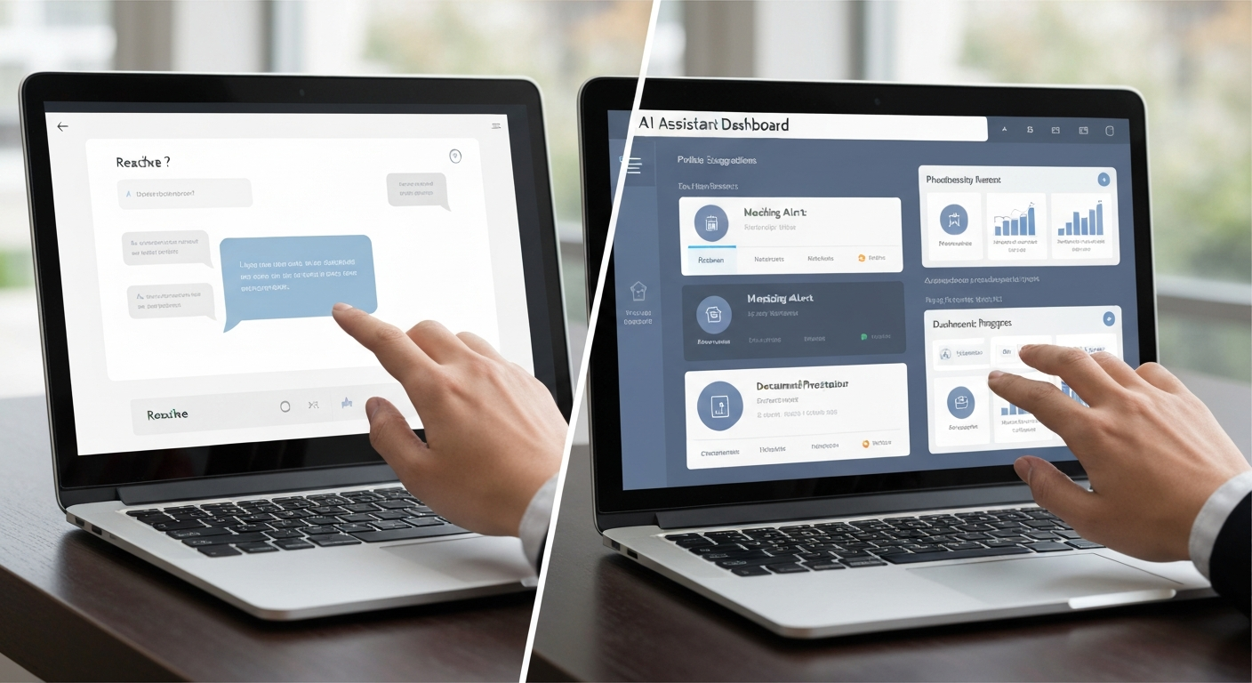한쪽은 질문에만 답하는 챗봇 다른 한쪽은 능동적으로 정보를 제공하는 AI 비서 인터페이스를 보여주는 분할 화면