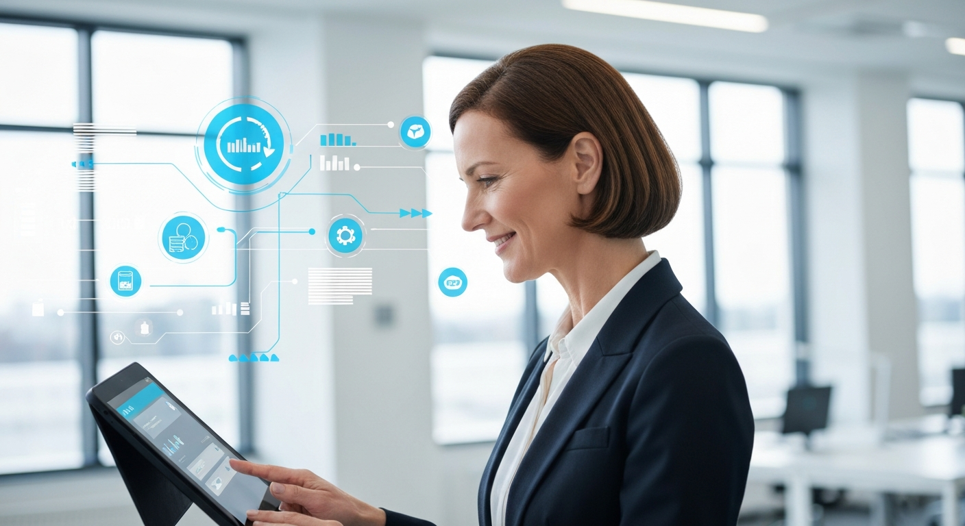 현대적인 사무실에서 업무 자동화 툴을 통해 시간을 절약하며 효율적으로 일하는 전문가의 모습.