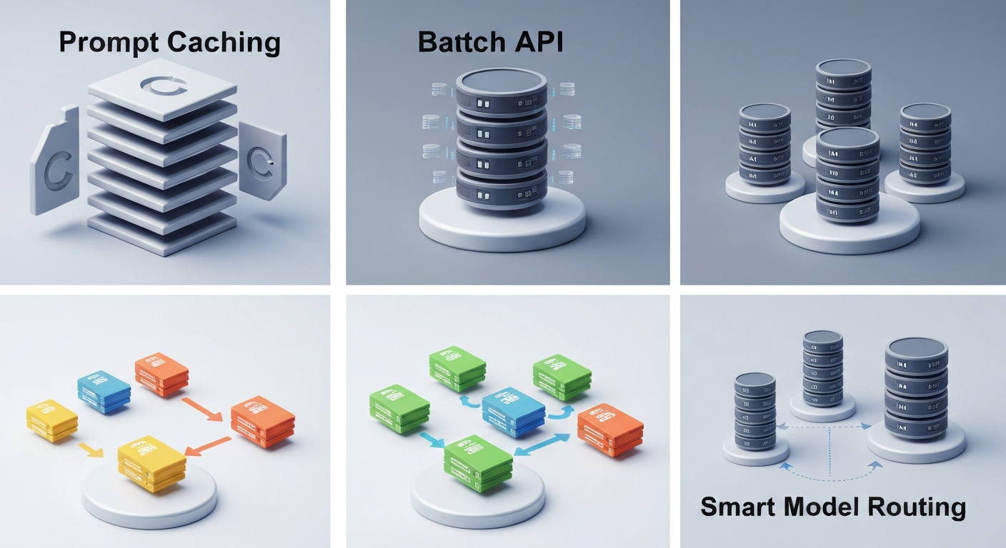 프롬프트 캐싱, 배치 API, 스마트 모델 라우팅 등 세 가지 비용 최적화 기술을 보여주는 이미지