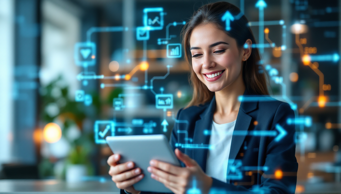 2026년 사무실에서 태블릿을 보며 웃는 전문가, 배경에는 업무 자동화로 연결된 앱들이 보여 생산성 향상을 나타냄