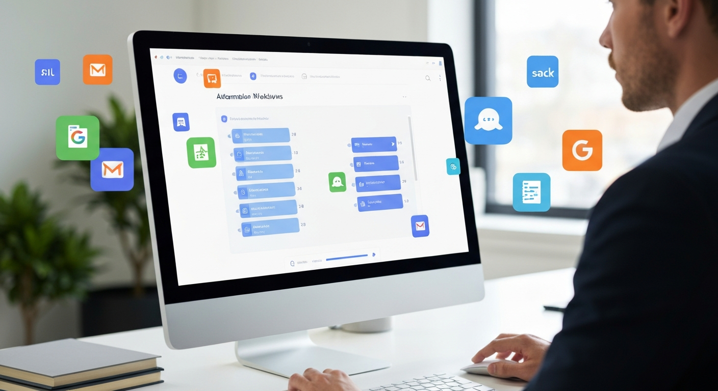 코딩 없이 Make.com이나 n8n과 같은 툴로 AI 에이전트를 구축하는 실전 가이드를 보여주는 이미지