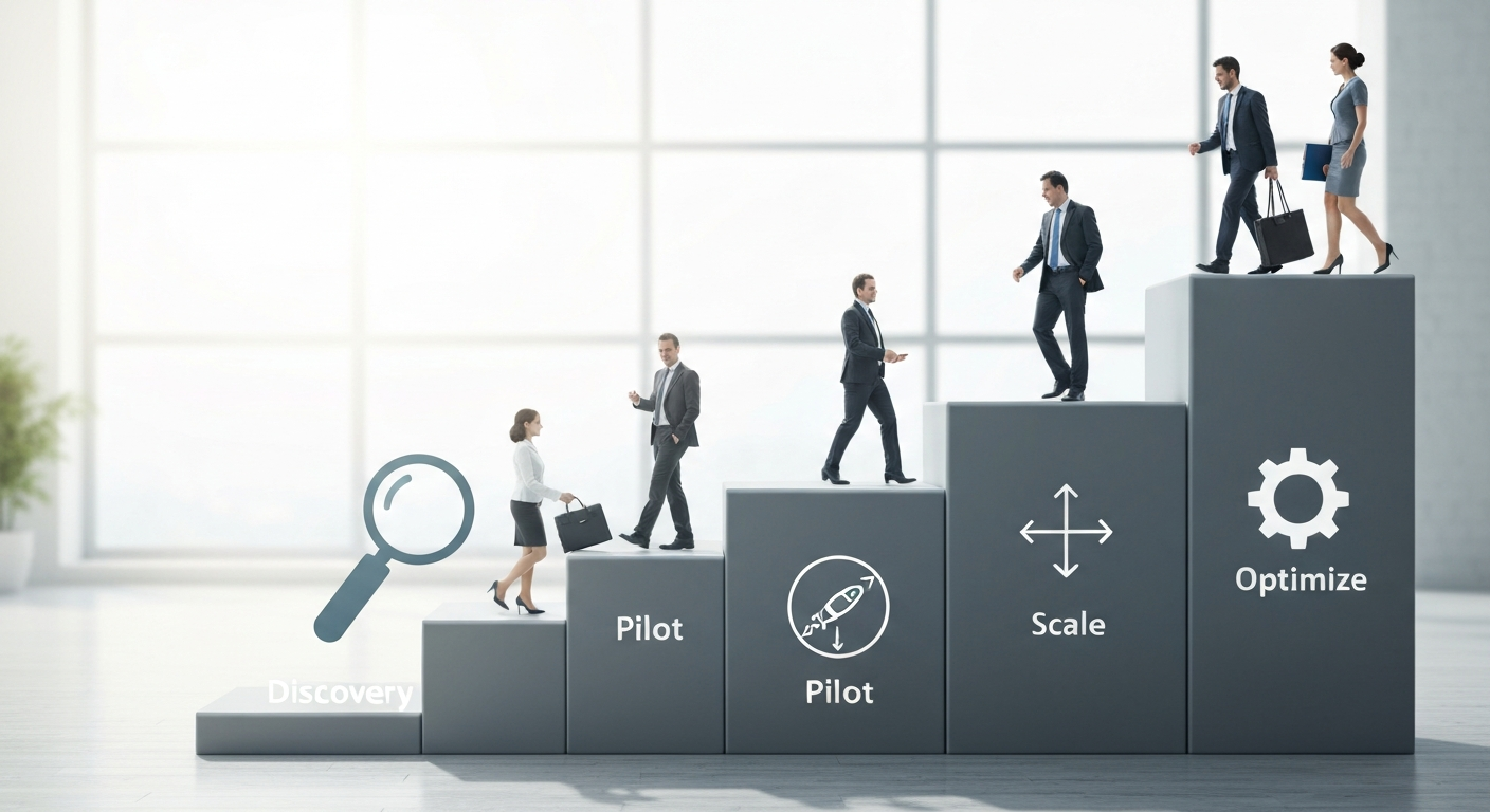 발견, 파일럿, 확장, 최적화의 4단계 로드맵을 따라 나아가는 비즈니스 팀의 모습, 단계별 아이콘이 있는 상승하는 플랫폼