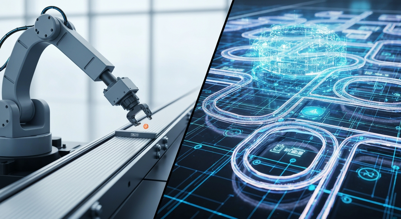 정해진 규칙에 갇혀 오류가 난 RPA와 달리 유연하게 문제를 해결하는 AI 에이전트의 차이를 시각적으로 비교하는 이미지