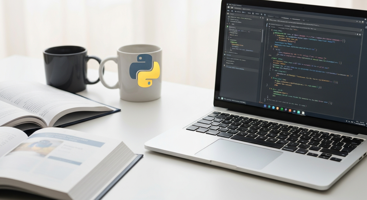 파이썬 설치와 학습을 위한 준비가 완료된 깔끔한 책상 풍경