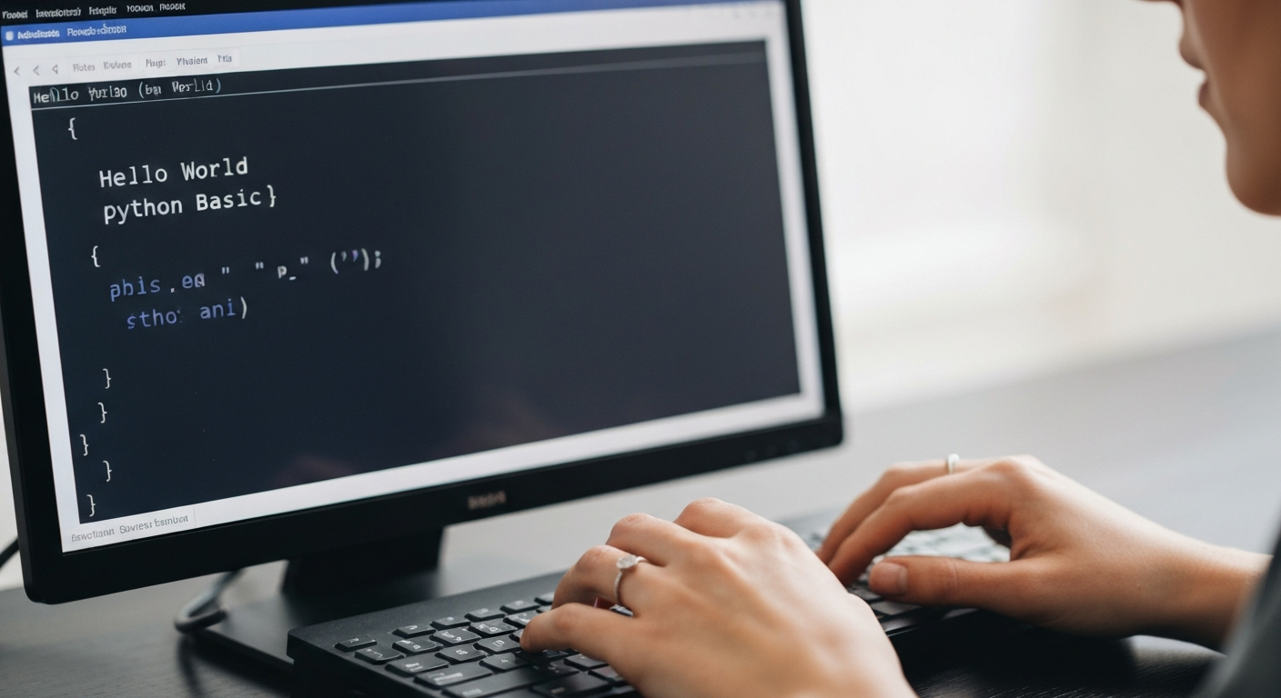 'Hello World'가 출력된 컴퓨터 화면과 키보드를 사용하는 손