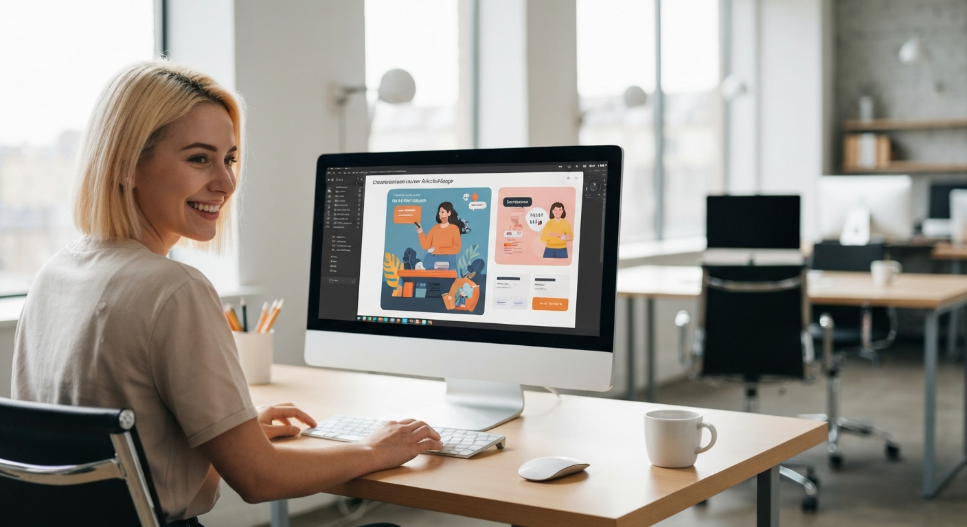 AI 도구를 활용하여 전문가급 결과물을 만드는 프리랜서 디자이너의 만족스러운 모습