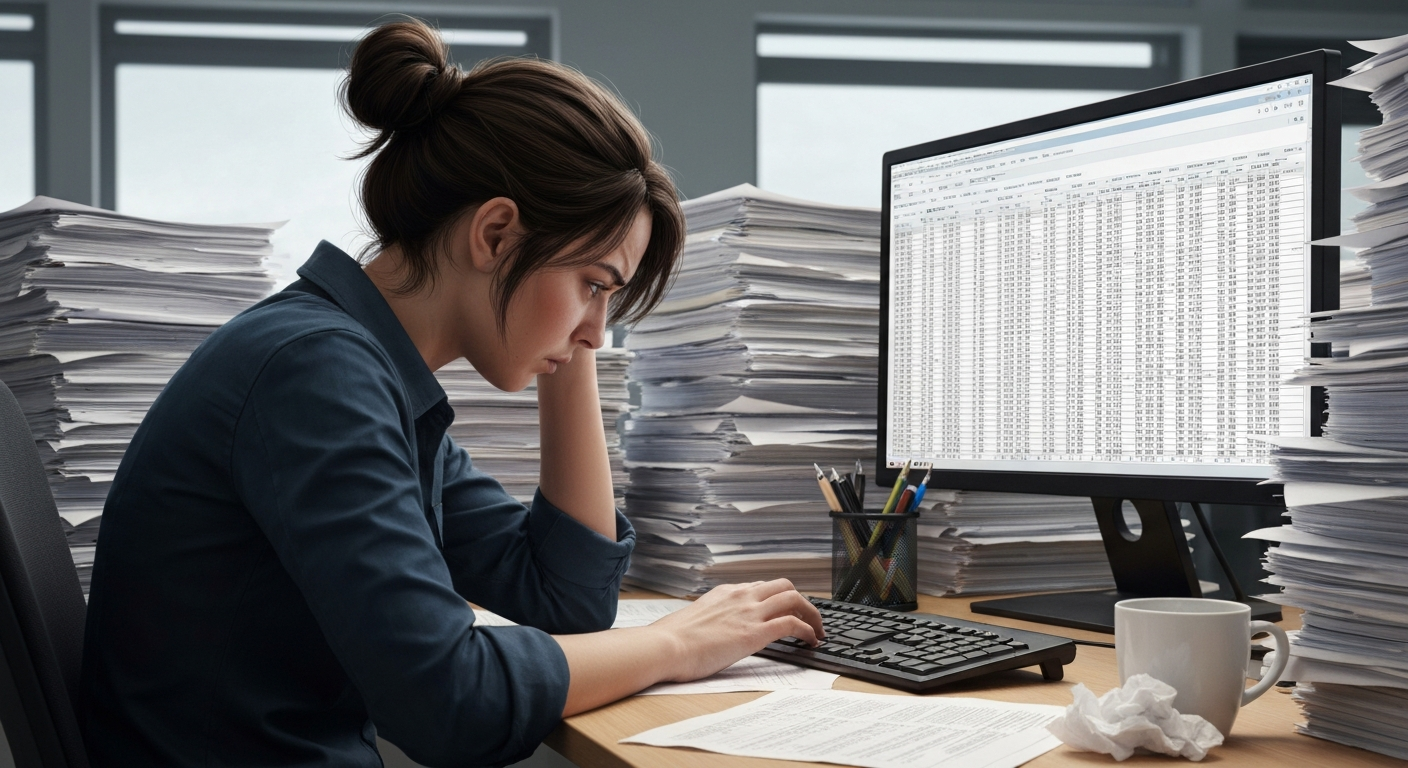 반복적인 엑셀 작업으로 지쳐 보이는 직장인