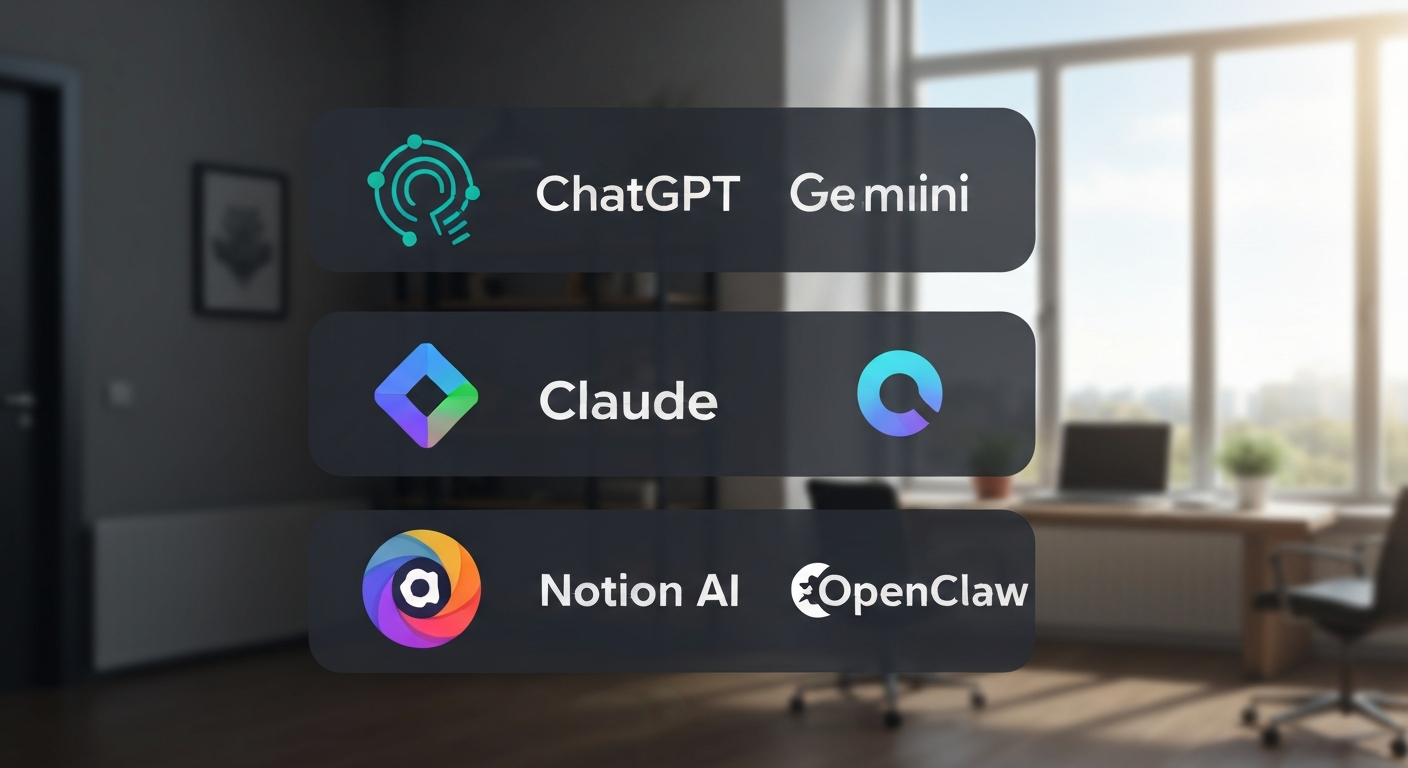ChatGPT Google Gemini Claude Notion AI OpenClaw 등 인기 무료 AI 서비스 로고들이 깔끔하게 정렬된 디지털 화면