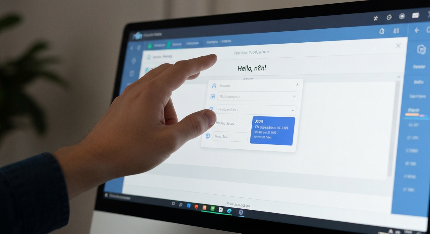 n8n 워크플로우를 설정하며 출력 데이터를 확인하는 사용자 손과 화면