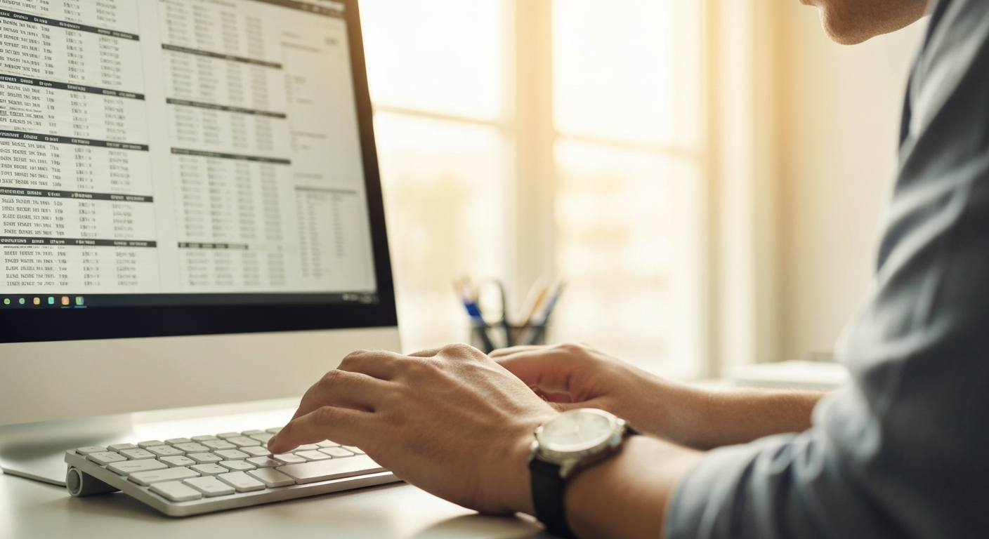 반복적인 업무에 지쳐 보이는 사람의 손이 키보드 위에서 데이터 입력 작업을 하는 모습