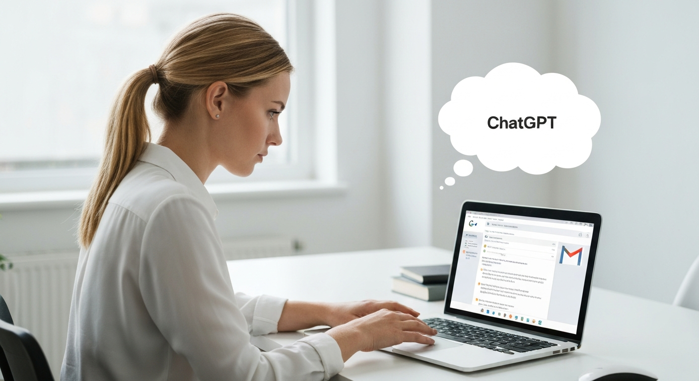 ChatGPT가 이메일 답장을 자동으로 작성하고 있는 화면을 보고 있는 직장인