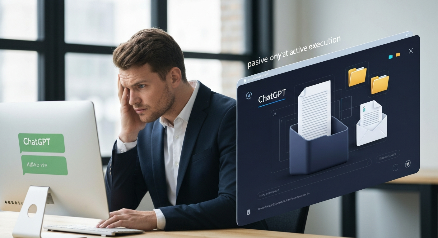 챗GPT와의 대화에 답답함을 느끼는 사람과, 스스로 업무를 처리하는 AI 에이전트를 대비하는 이미지