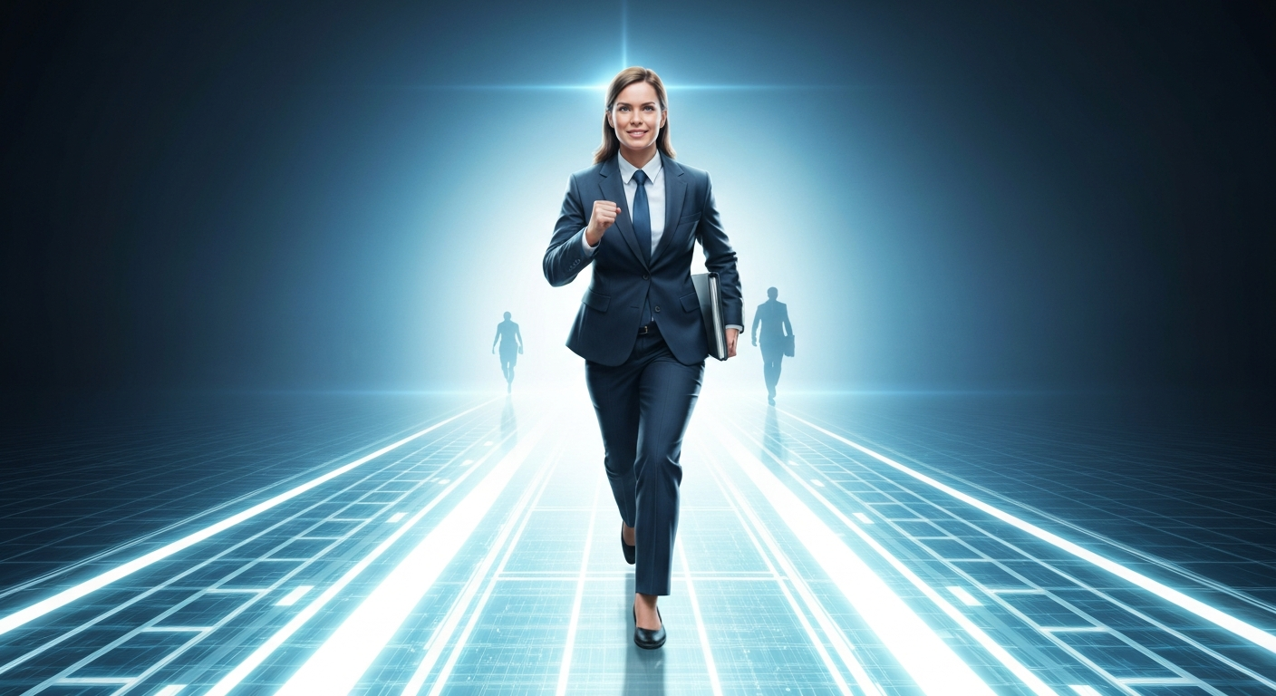 결단력 있는 비즈니스 전문가가 미래 지향적인 길 위로 첫발을 내딛는 모습, AI 도입의 시급성과 기회를 강조
