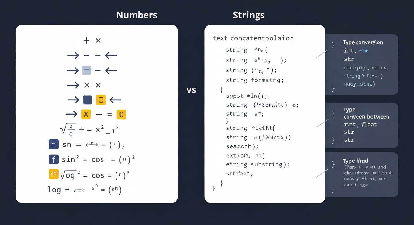 숫자와 문자열 자료형의 특징과 연산을 시각적으로 구분하여 보여주는 그림