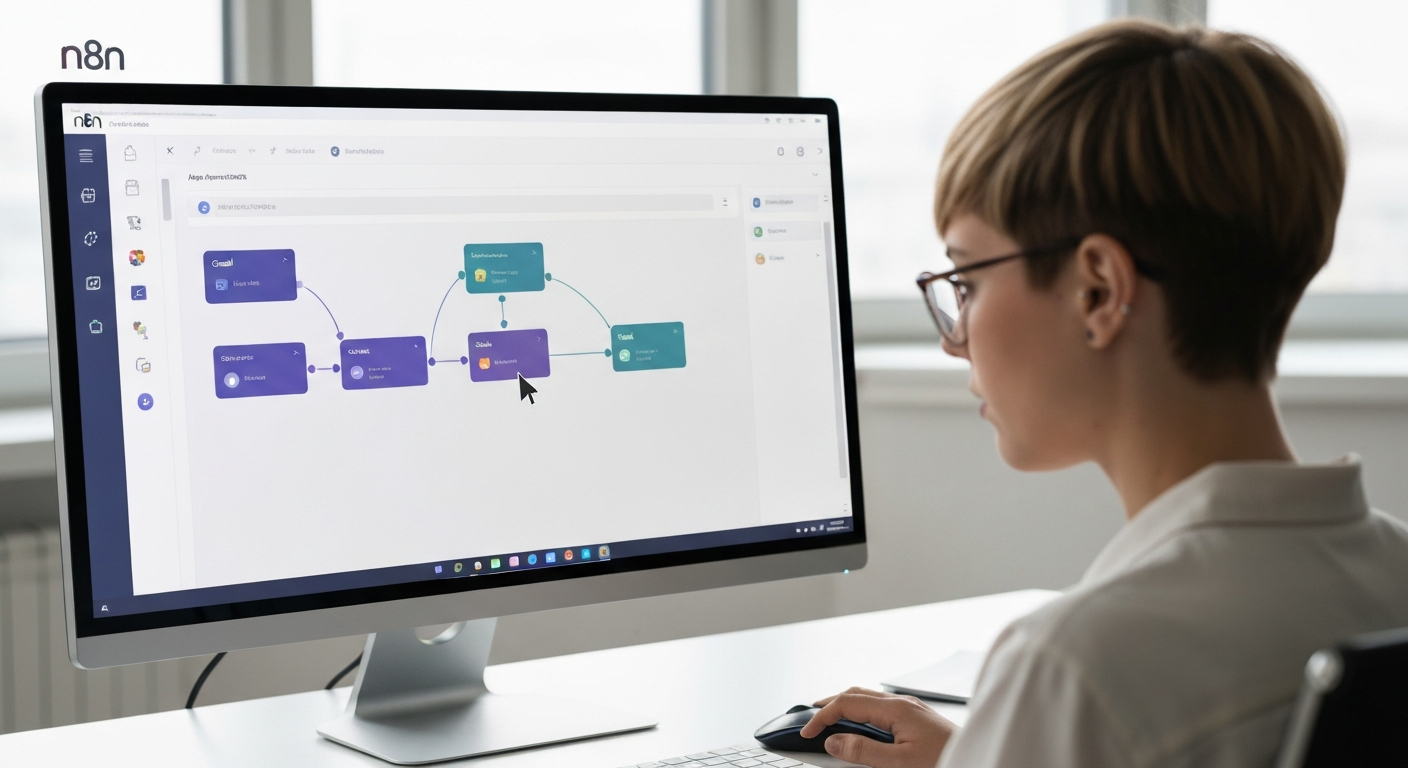 넓은 모니터에 Gmail과 Slack 노드가 연결된 간단한 n8n 워크플로우 인터페이스가 보이며, 마우스 커서가 노드 위에 있는 모습. 첫 자동화를 만들 준비가 된 사람이 화면에 집중하는 고품질 실사 스타일 이미지.