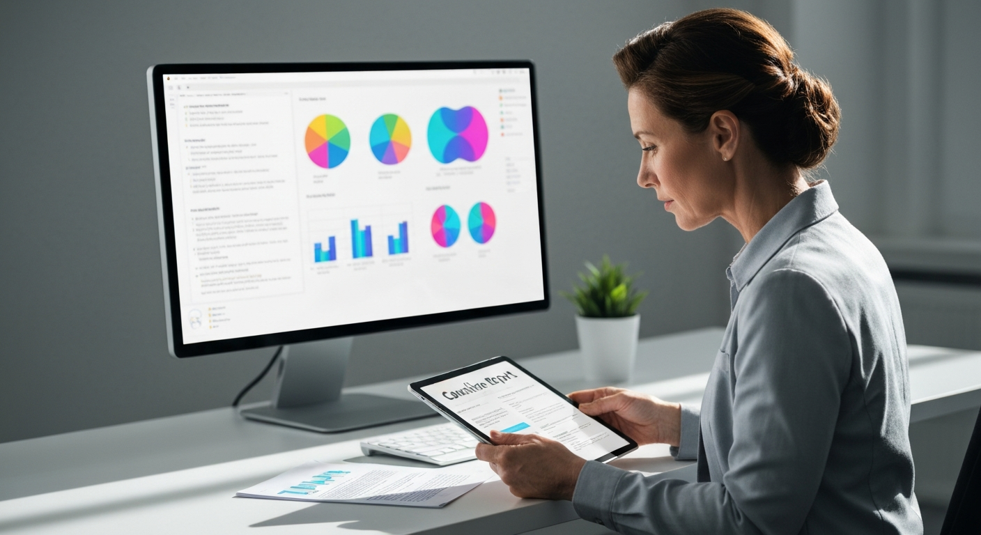 AI 비서를 통해 빠르게 보고서를 검토하며 시간을 절약하는 직장인의 모습