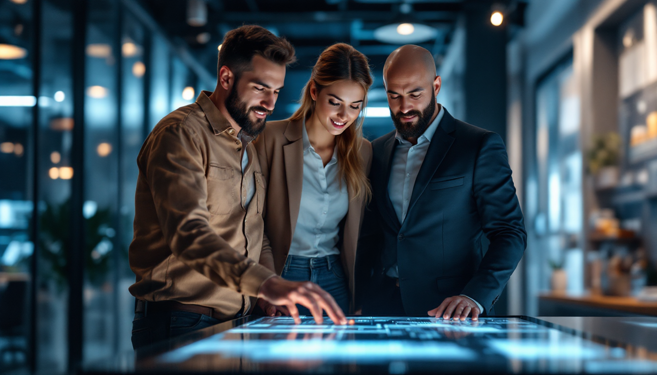 다양한 직업의 사람들이 모여 각자의 상황에 맞는 업무 자동화 툴을 선택하는 과정을 보여주는 대형 스크린