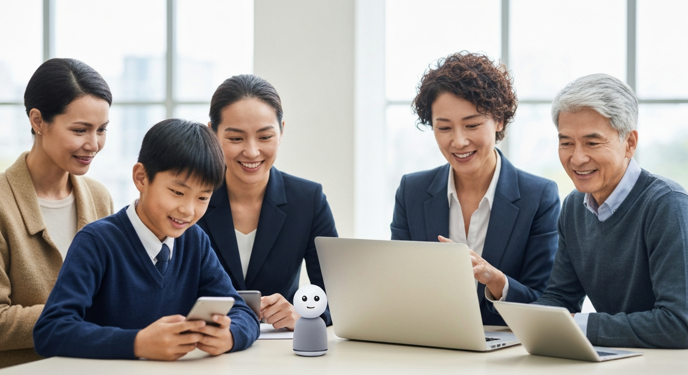 다양한 사람들이 AI 비서를 스마트폰 노트북 등 여러 기기에서 쉽고 즐겁게 사용하는 모습