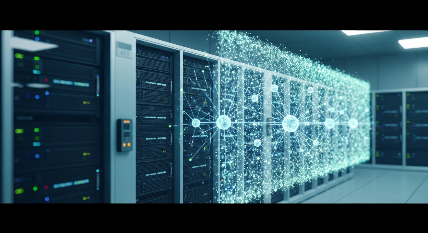 기업 데이터와 AI 시스템을 보호하는 디지털 보안 요새, 보안 전문가들이 시스템을 감시하는 모습