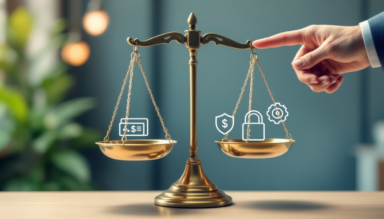 업무 자동화 툴 선택 기준을 나타내는 저울과 아이콘들 예산 앱 연동 학습 곡선 데이터 보안이 균형 있게 고려되는 모습