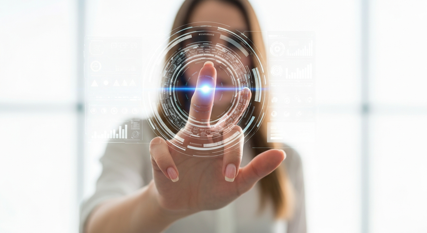 자동화된 워크플로우를 보여주는 빛나는 미래 지향적 디지털 인터페이스를 향해 손을 뻗는 모습