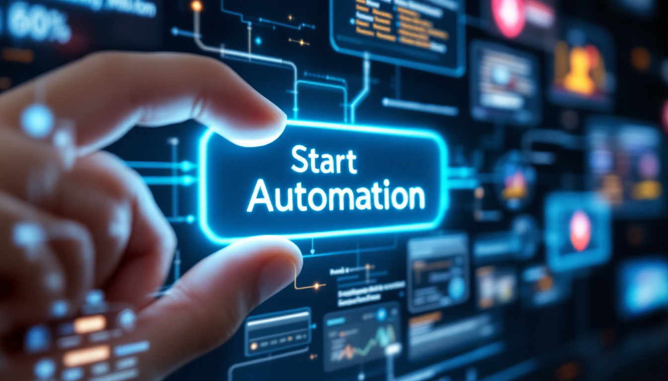 현대적인 디지털 인터페이스에서 '자동화 시작' 버튼을 자신감 있게 누르는 손, 업무 혁신의 시작을 알림