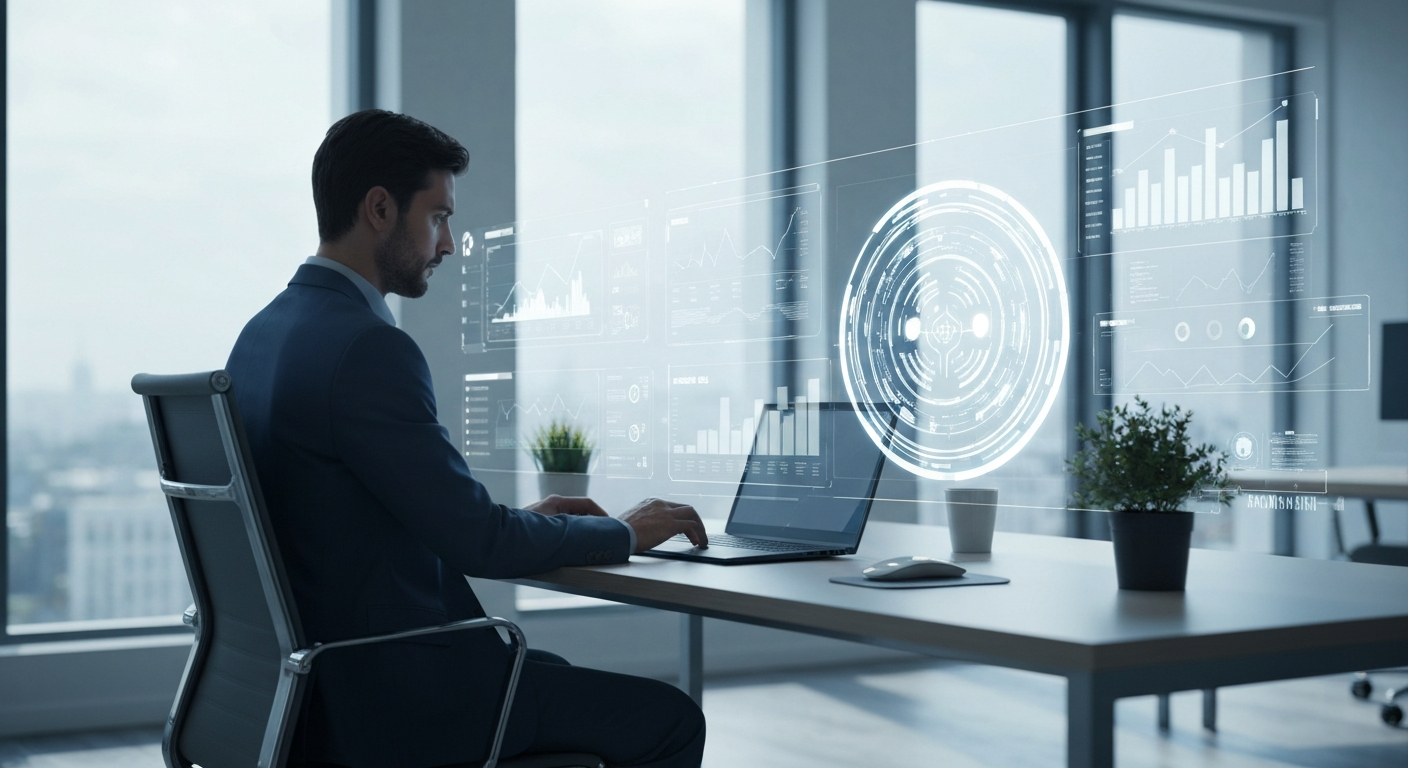 2026년 엑셀 자동화 트렌드와 AI 협업을 보여주는 미래 사무실 풍경