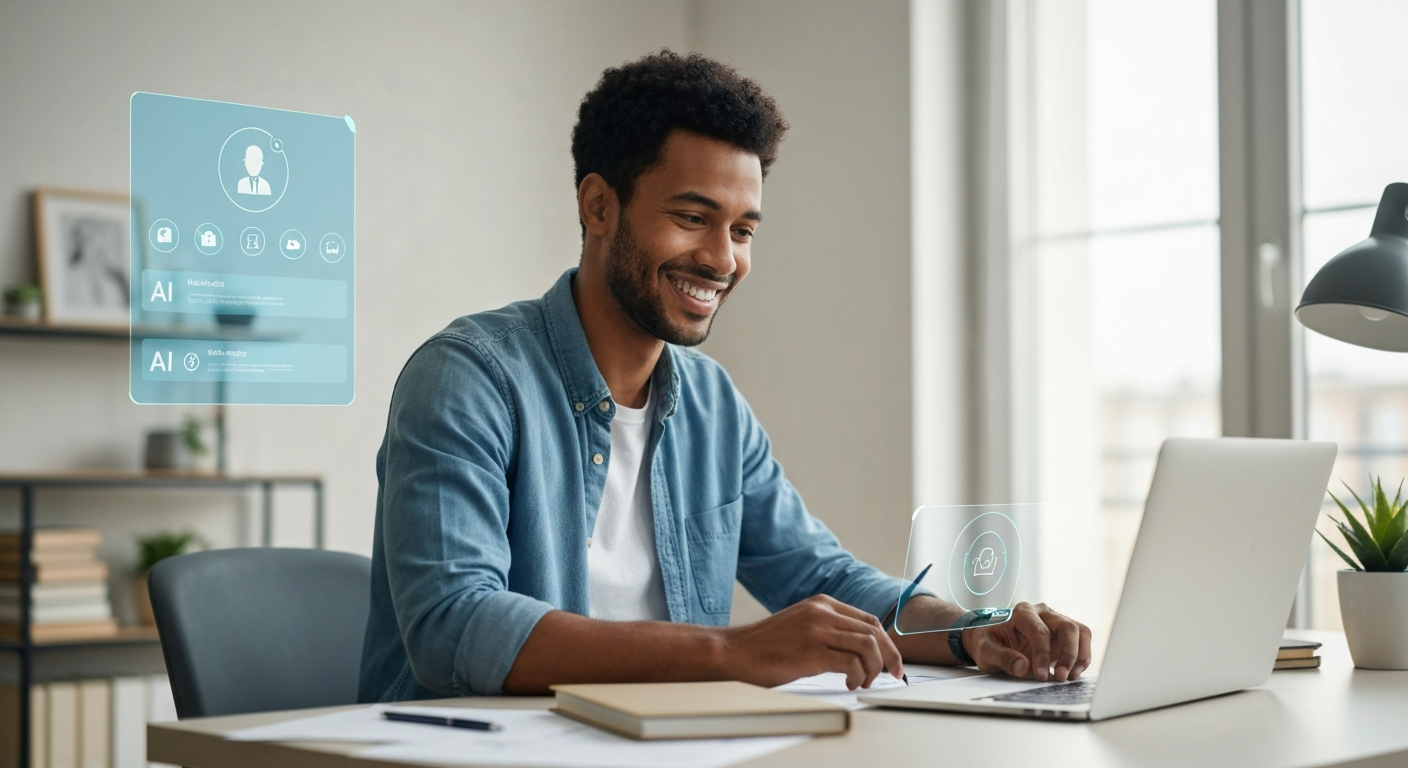 AI 비서의 도움으로 효율적인 하루를 보내고 여유와 창의성을 즐기는 사람의 밝고 긍정적인 일상