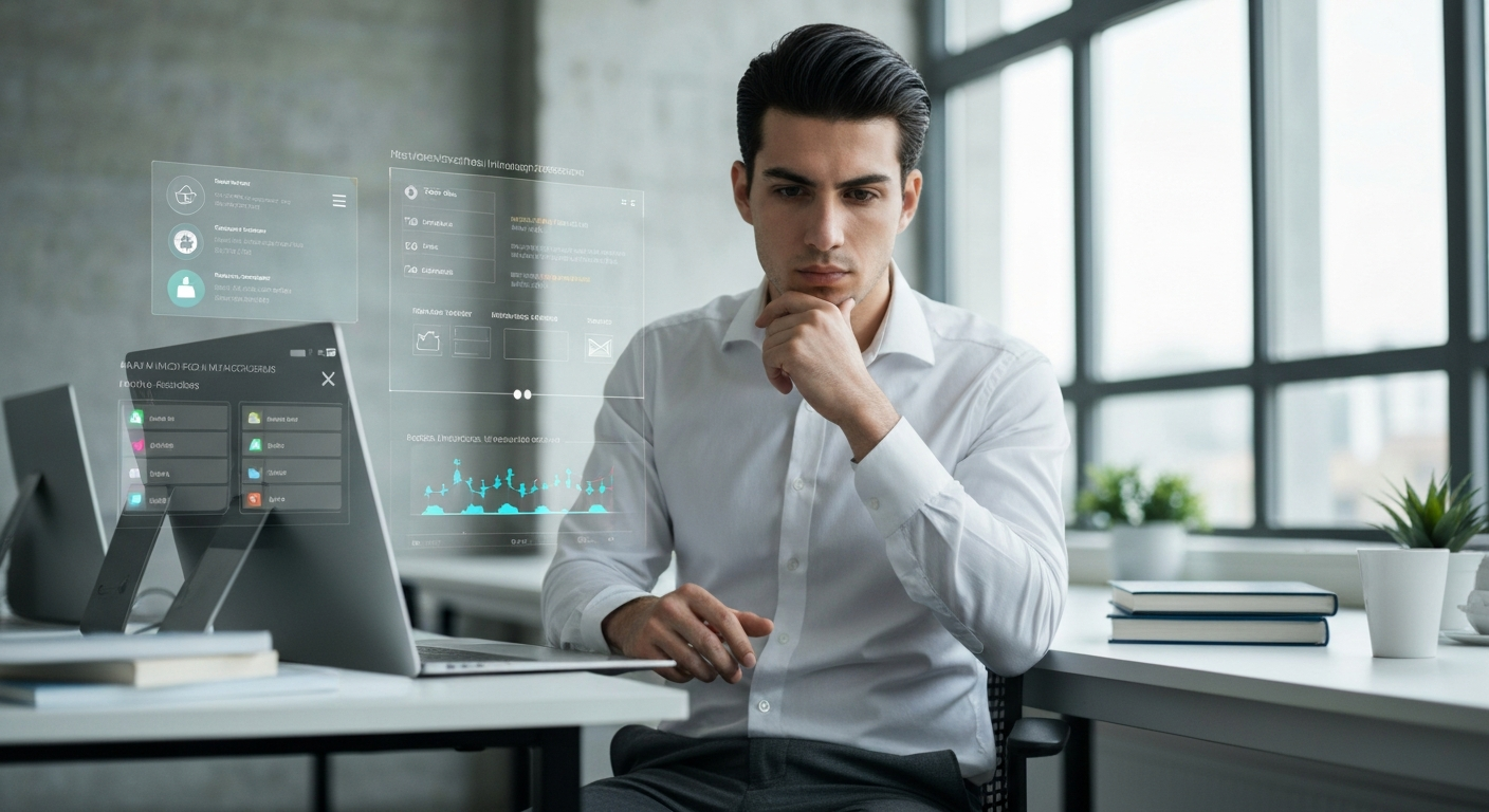 바쁜 업무 중인 직장인이 홀로그램 인터페이스로 AI 비서가 정리해준 업무와 일정을 확인하는 모습