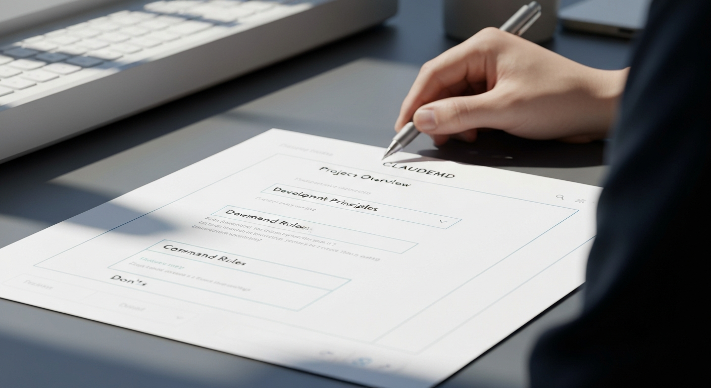 CLAUDE.md 파일의 구조와 핵심 구성 요소를 보여주는 디지털 설계도