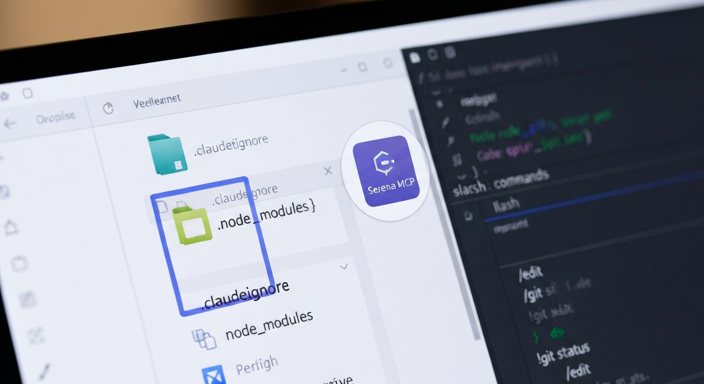 개발 환경에서 .claudeignore 파일, Serena MCP, 슬래시 명령어를 통한 토큰 절약 기법 이미지