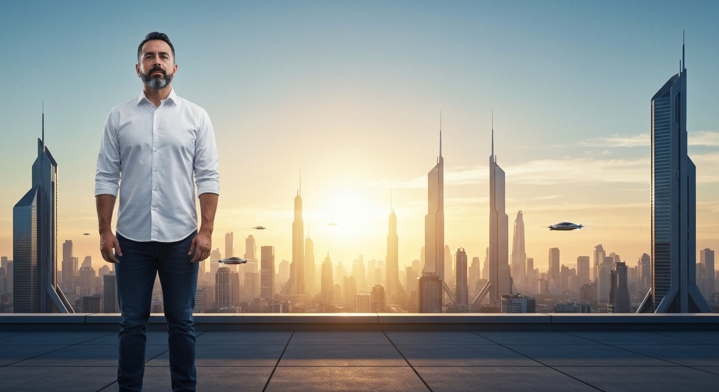 AI 시대의 미래를 향해 나아가며 성공을 다짐하는 개인의 강렬한 모습