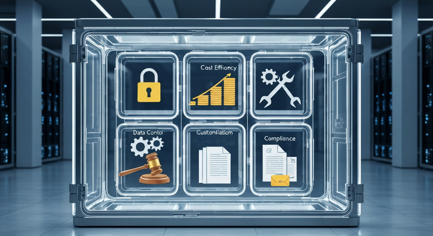 n8n 자체 호스팅의 4가지 핵심 장점(보안, 비용, 커스터마이징, 법적 준수)을 상징하는 이미지