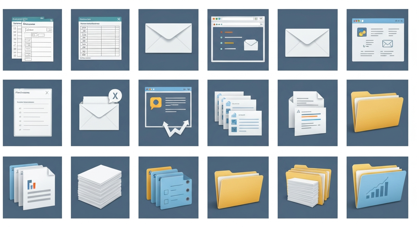 엑셀 이메일 웹 크롤링 보고서 파일 관리 등 파이썬 업무 자동화의 다양한 적용 사례 아이콘 모음