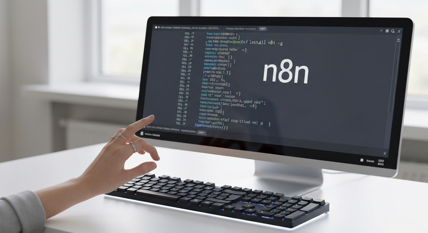 컴퓨터 화면에 npm install n8n -g 명령어가 실행되는 터미널이 보이고, 키보드 위에 손이 있는 모습. n8n 로고가 빠르게 나타나며 신속한 설치를 상징하는 고품질 실사 스타일 이미지.