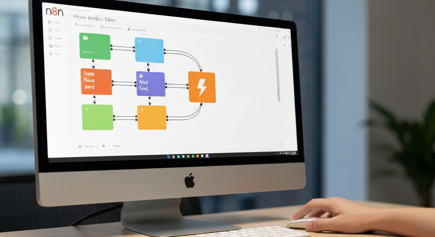 n8n 워크플로우 캔버스에 노드들이 연결되어 있는 컴퓨터 화면을 마우스로 조작하는 손.